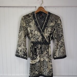 ANAC by Kimi Black Cream Abstract Print Faux Wrap Tunic Top Long Sleeve Size XL